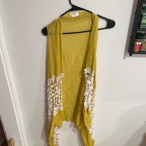 Yellow Open-Front Cardigan with Lace Trim